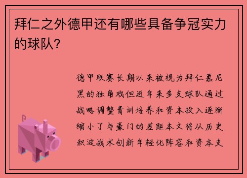 拜仁之外德甲还有哪些具备争冠实力的球队？
